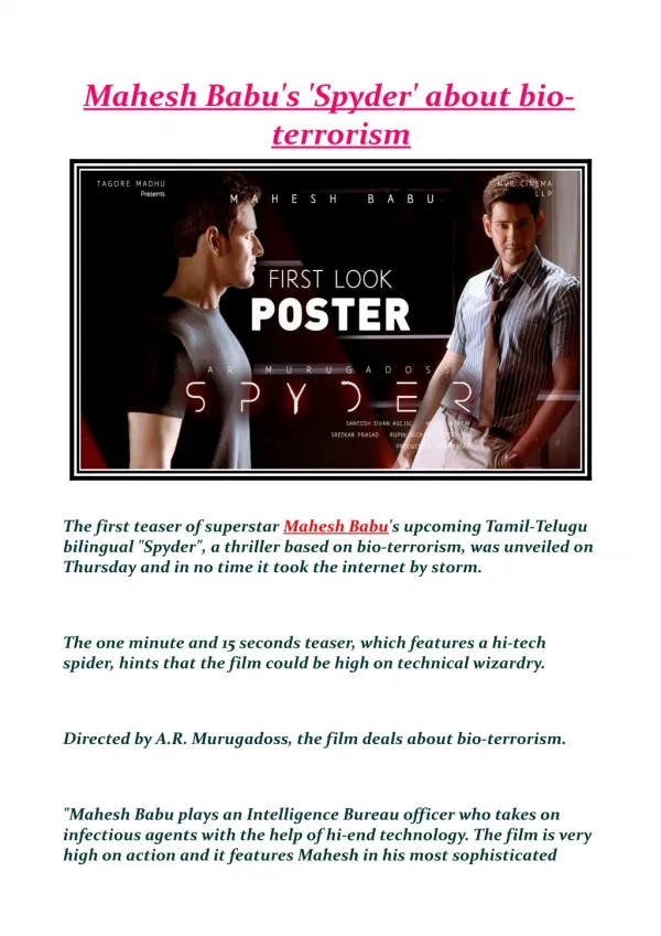 Mahesh Babu's 'Spyder' about bio-terrorism