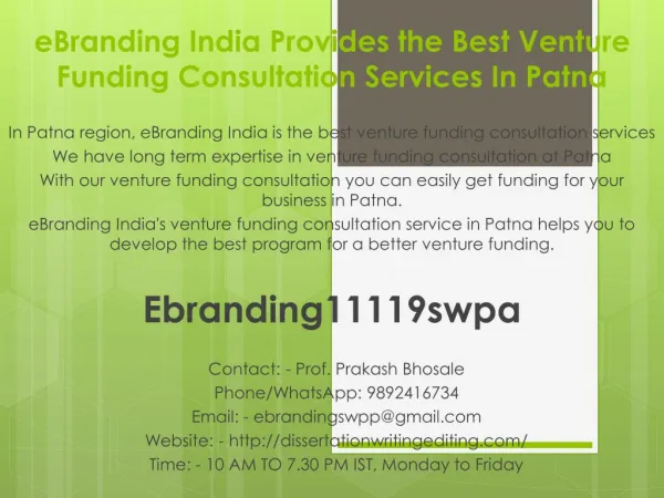 eBranding India Provides the Best Venture Funding Consultation Services In Patna