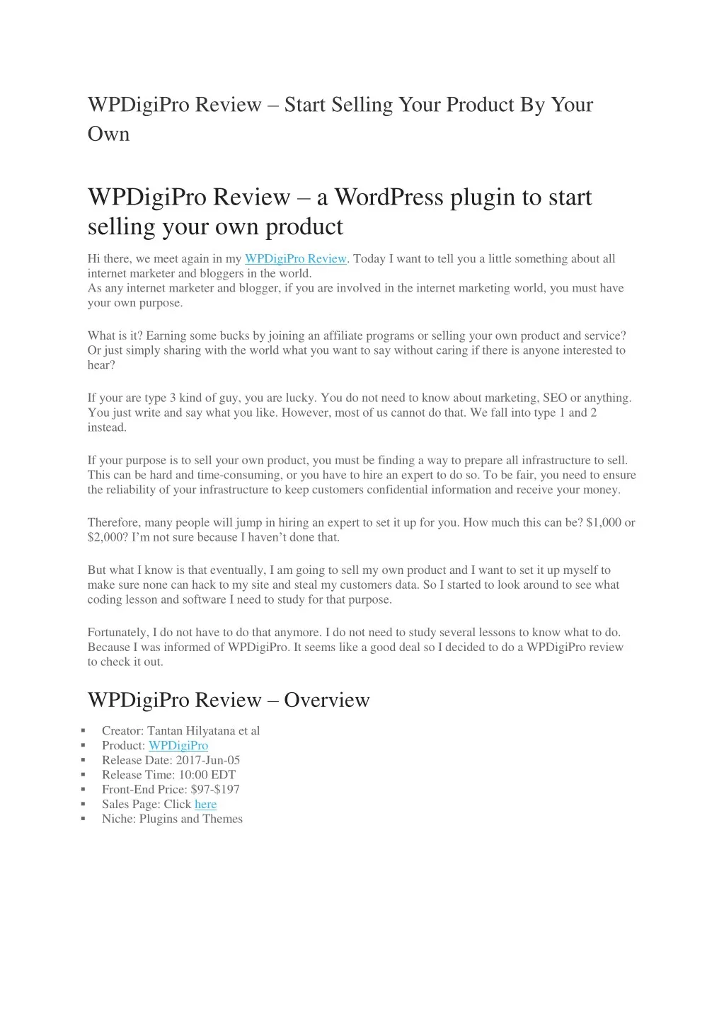 wpdigipro review start selling your product