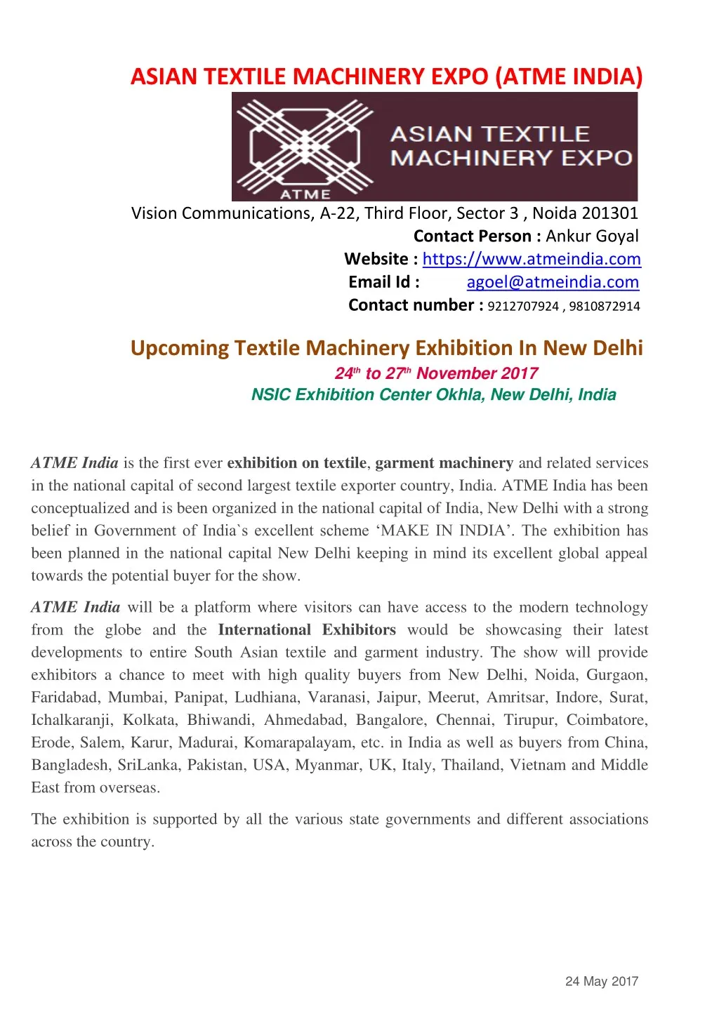 asian textile machinery expo atme india