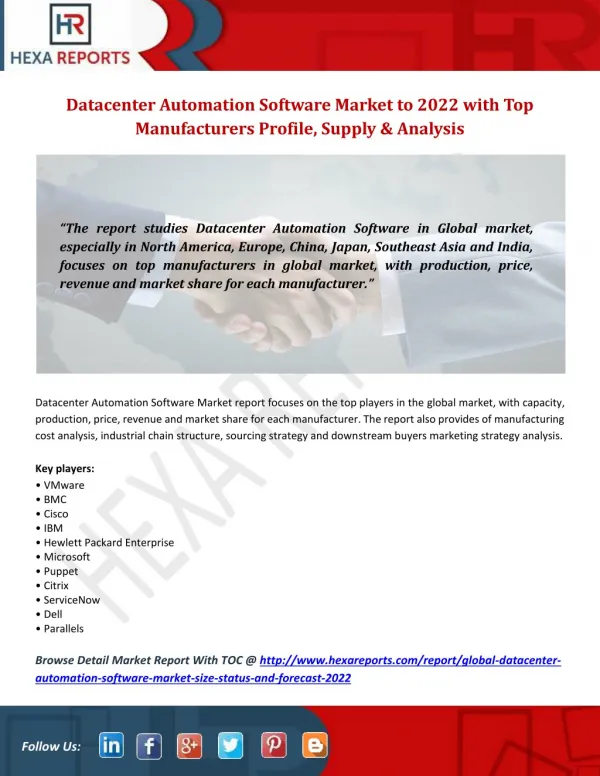 Datacenter Automation Software Market Analysis, Prediction by Region, Type and Technology to 2022