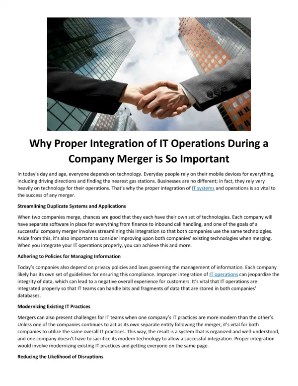 Why Proper Integration of IT Operations During a Company Merger is So Important