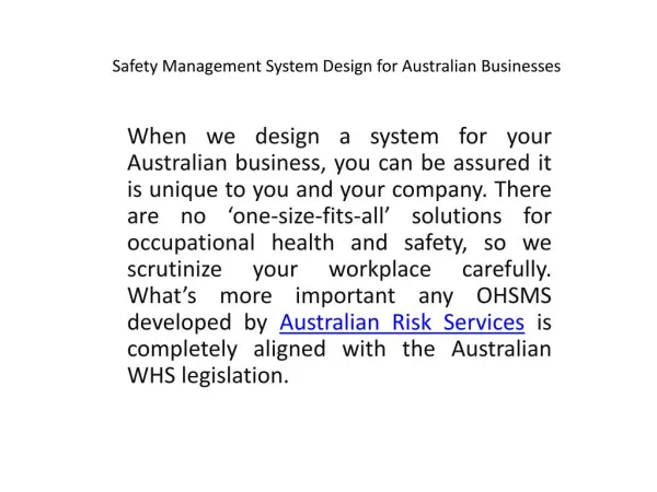 Safety Management System Design for Australian Businesses