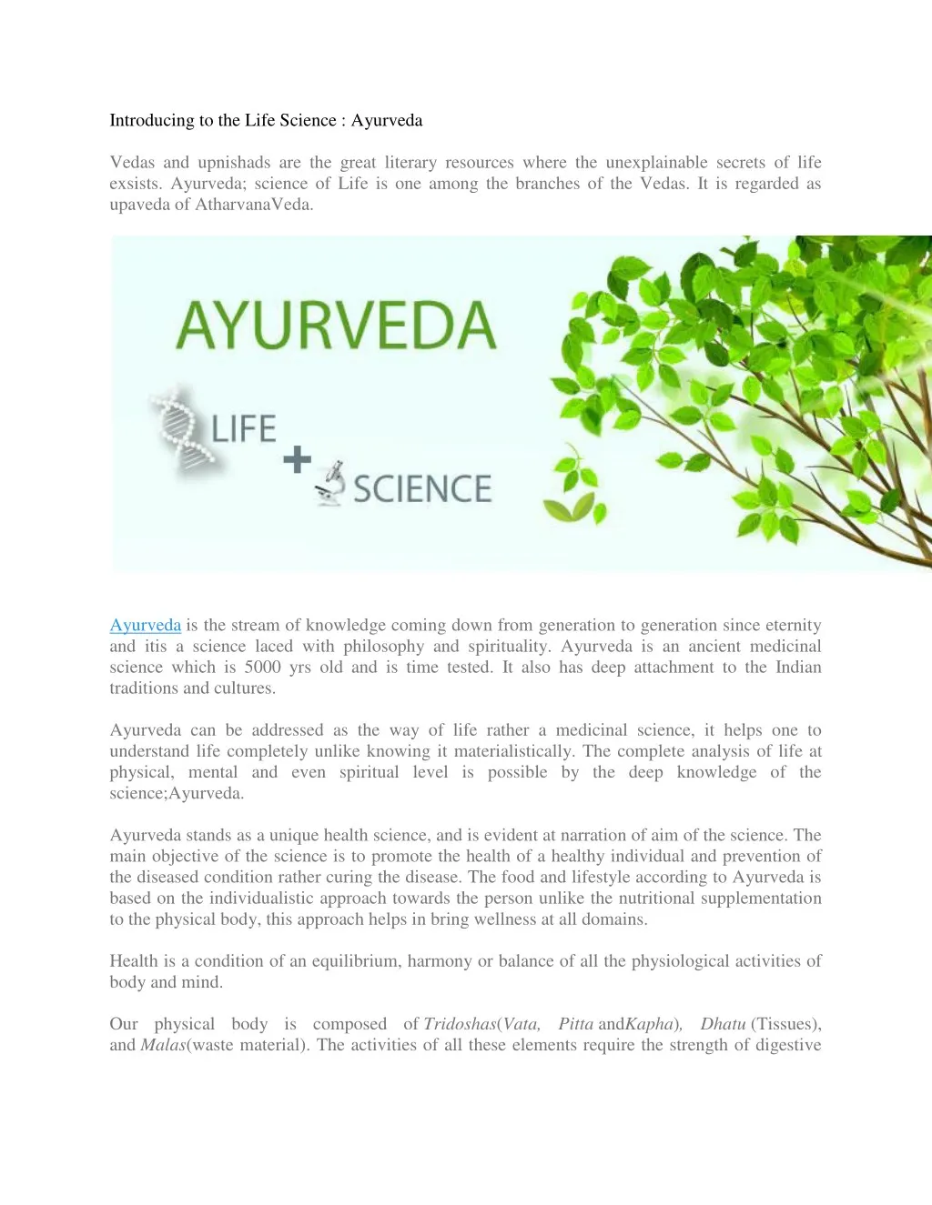 introducing to the life science ayurveda vedas