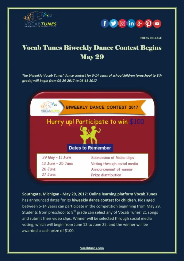Vocab Tunes Biweekly Dance Contest Begins May 29