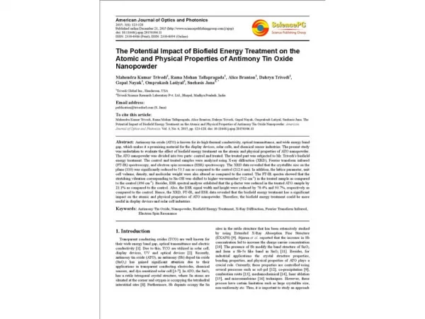 The Potential Impact of Biofield Energy Treatment on the Atomic and Physical Properties of Antimony Tin Oxide Nanopowder