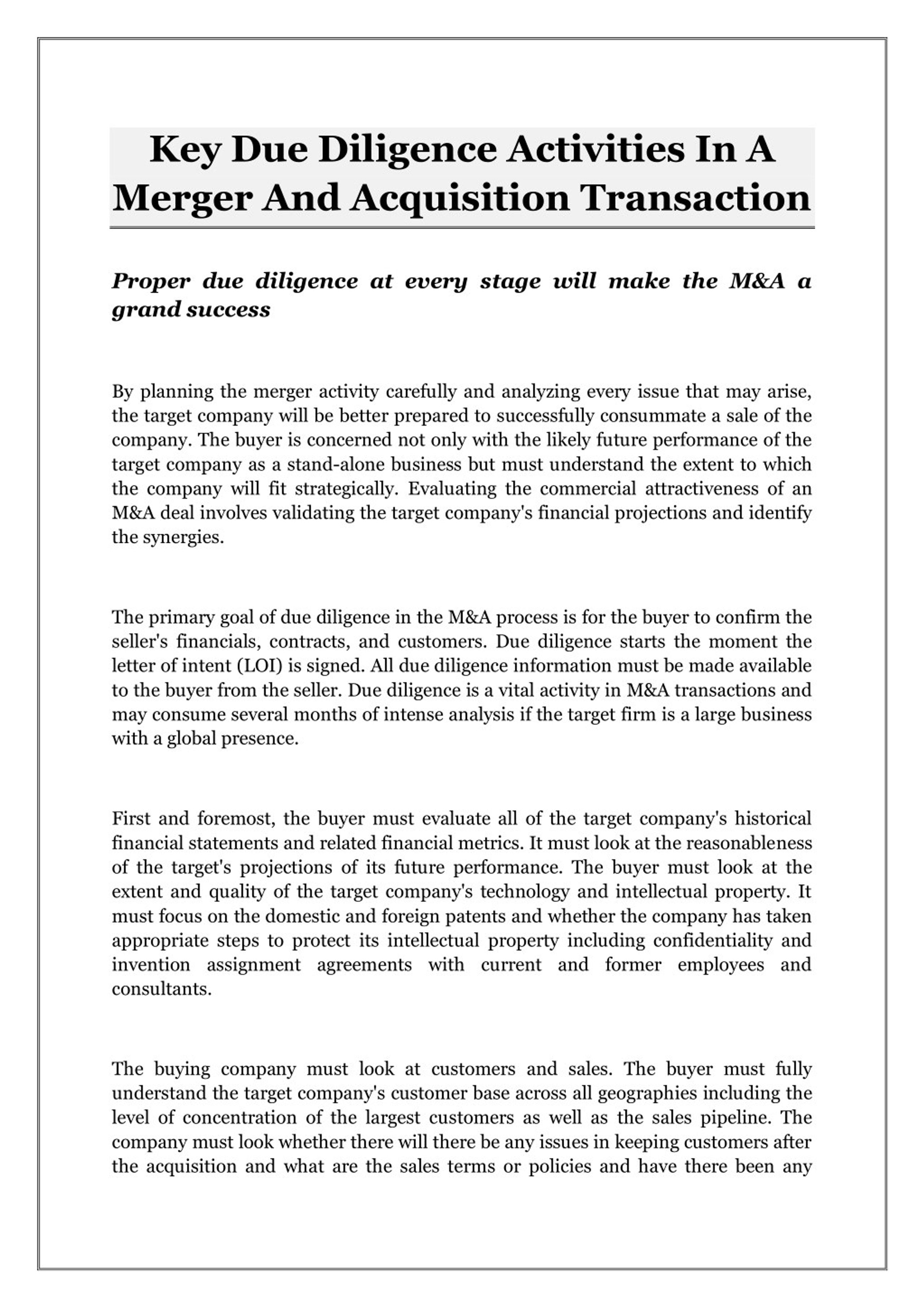 PPT - Key Due Diligence Activities In A Merger And Acquisition ...