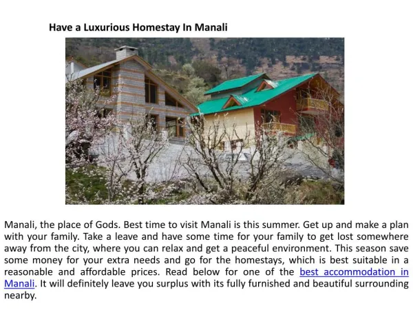 Have a Luxurious Homestay In Manali
