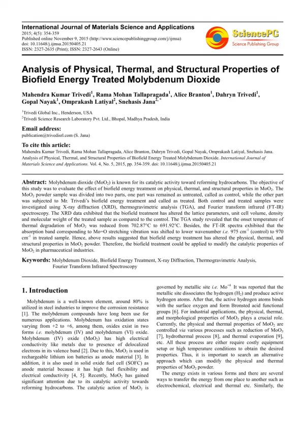 Analysis of Physical, Thermal, and Structural Properties of Biofield Energy Treated Molybdenum Dioxide