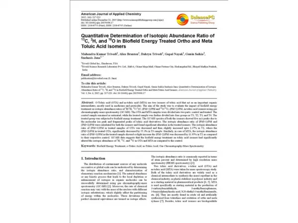 Quantitative Determination of Isotopic Abundance Ratio of 13C, 2H, and 18O in Biofield Energy Treated Ortho and Meta Tol