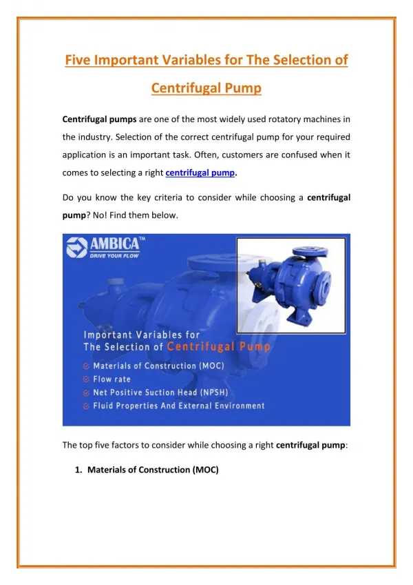 Important Features and Uses of Centrifugal Pumps