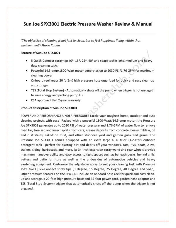 Sun Joe SPX3001 Electric Pressure Washer Review & Manual