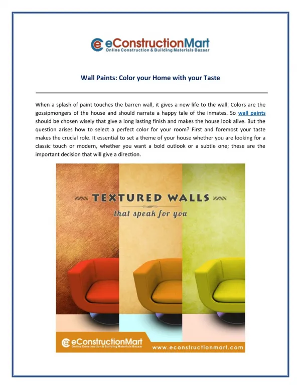 Wall Paints: Color your Home with your Taste