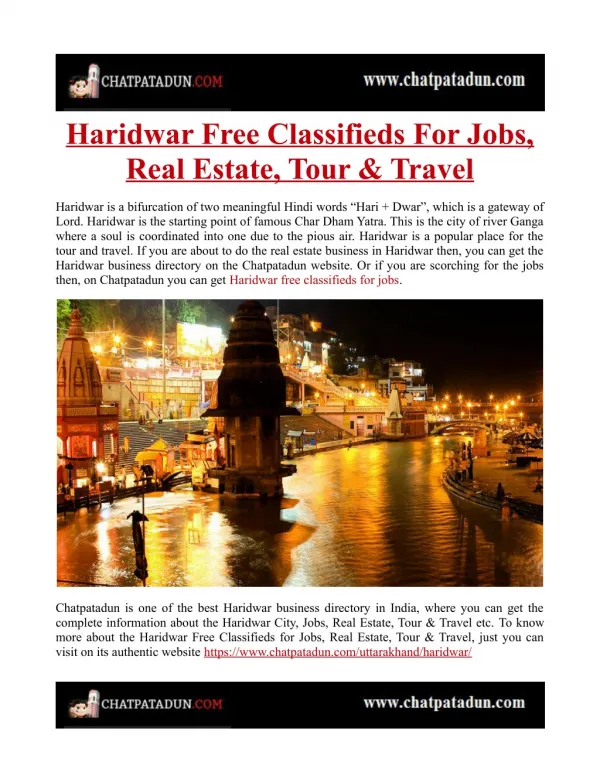 Haridwar Free Classifieds For Jobs, Real Estate, Tour & Travel