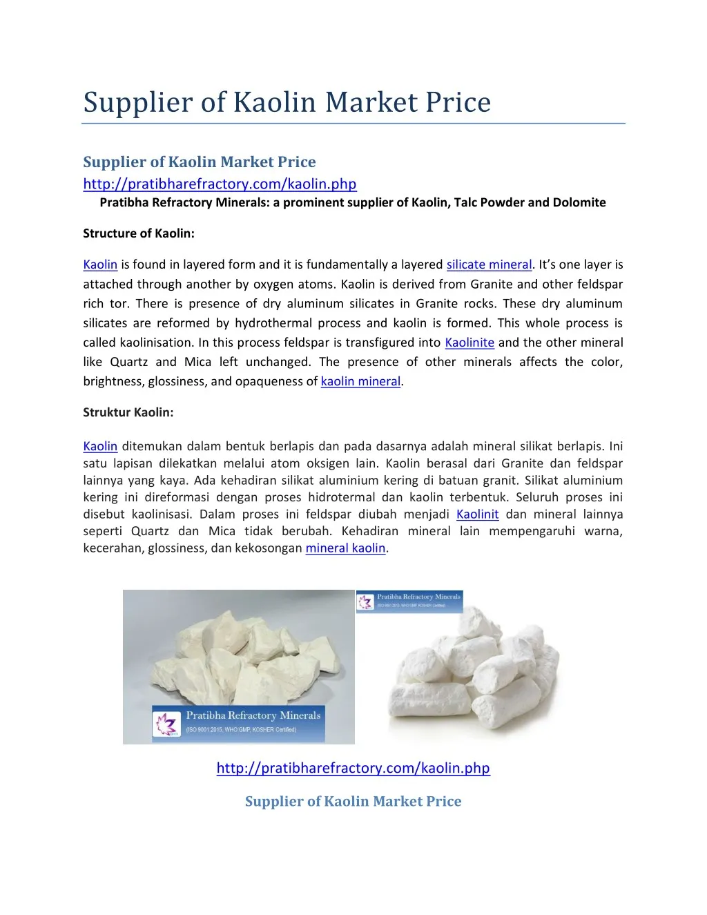 supplier of kaolin market price