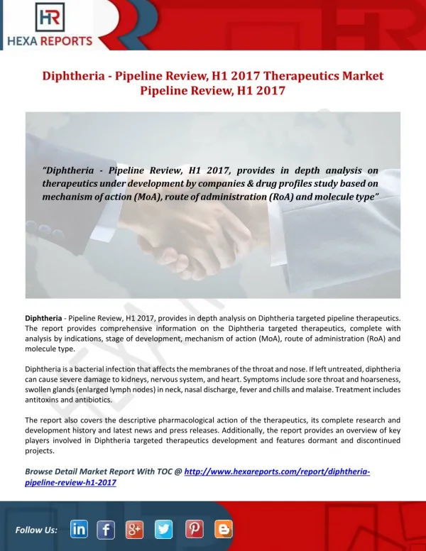 Diphtheria Therapeutics Market Pipeline Review, H1 2017