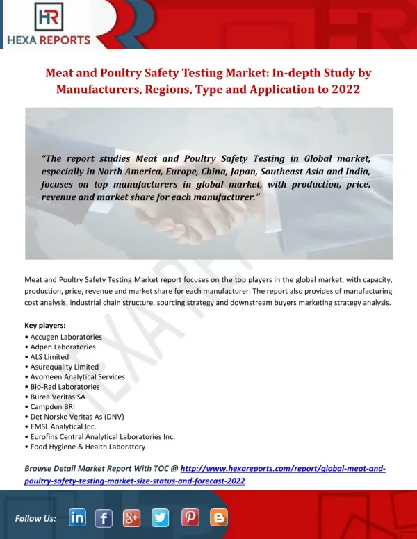 Meat and Poultry Safety Testing Market: In-depth Study by Manufacturers, Regions, Type and Application to 2022