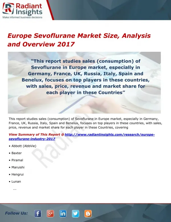 Europe Sevoflurane Market Growth, Trends, Analysis and Outlook 2017