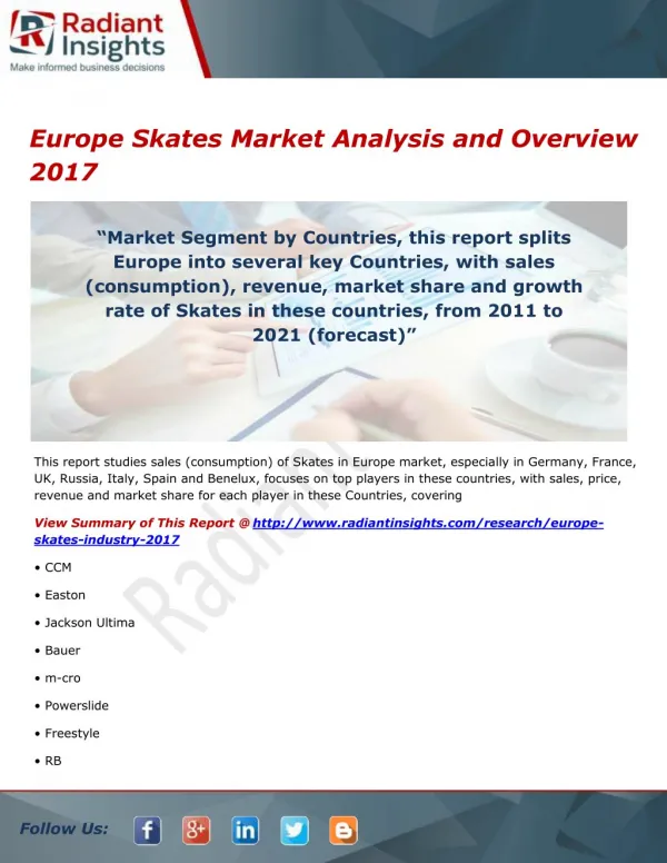 Europe Skates Market Trends and Analysis, Outlook 2017