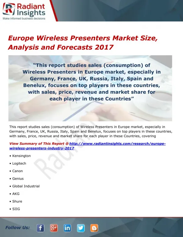 Europe Wireless Presenters Market Size, Analysis and Forecasts 2017