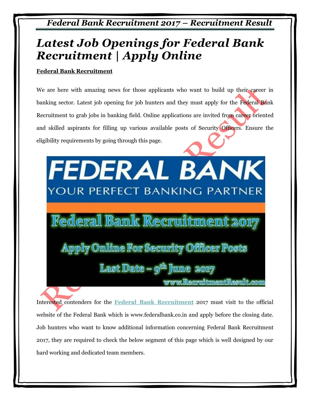 federal bank recruitment 2017 recruitment result
