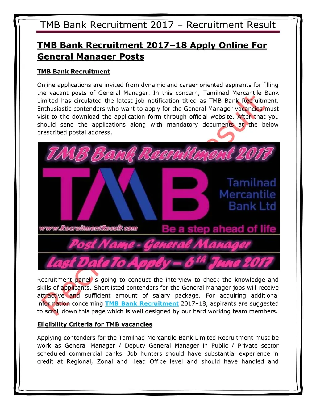 tmb bank recruitment 2017 recruitment result