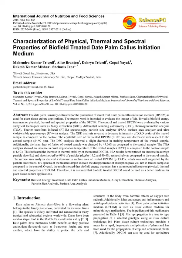 Characterization of Physical, Thermal and Spectral Properties of Biofield Treated Date Palm Callus Initiation Medium