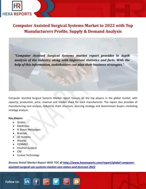 Computer Assisted Surgical Systems Market to 2022 with Top Manufacturers Profile, Supply, Demand and SWOT Analysis