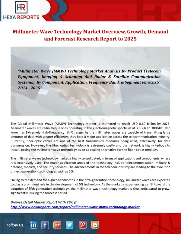 Millimeter Wave Technology Market Overview, Growth, Demand and Forecast Research Report to 2025