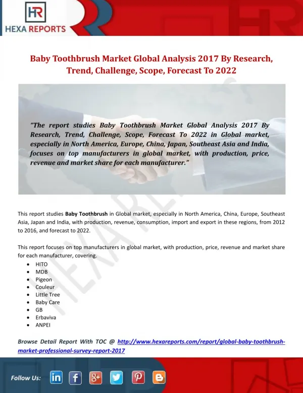 Baby Toothbrush Market Global Analysis 2017 By Research, Trend, Challenge, Scope, Forecast To 2022