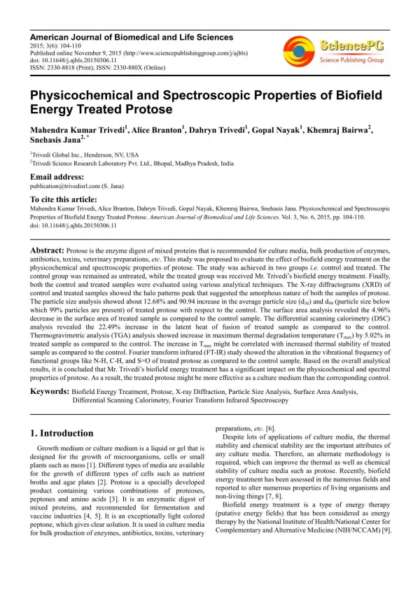 Physicochemical and Spectroscopic Properties of Biofield Energy Treated Protose