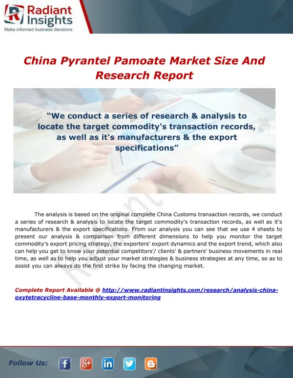 China Pyrantel Pamoate Monthly Export Monitoring Research Report By Radiant Insights, Inc