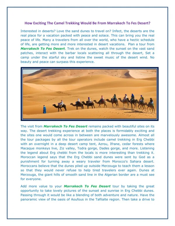 How Exciting The Camel Trekking Would Be From Marrakech To Fes Desert?