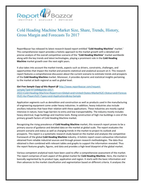 Cold Heading Machine Market Analysis - Size, Share, overview, scope, Revenue, Gross Margin, Segment and Forecast 2022