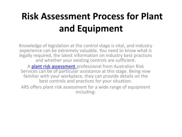 Plant Risk Assessment | Risk Managment Services
