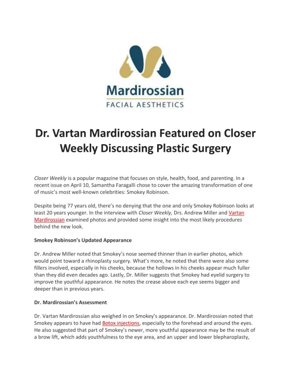 Dr. Vartan Mardirossian Featured on Closer Weekly Discussing Plastic Surgery
