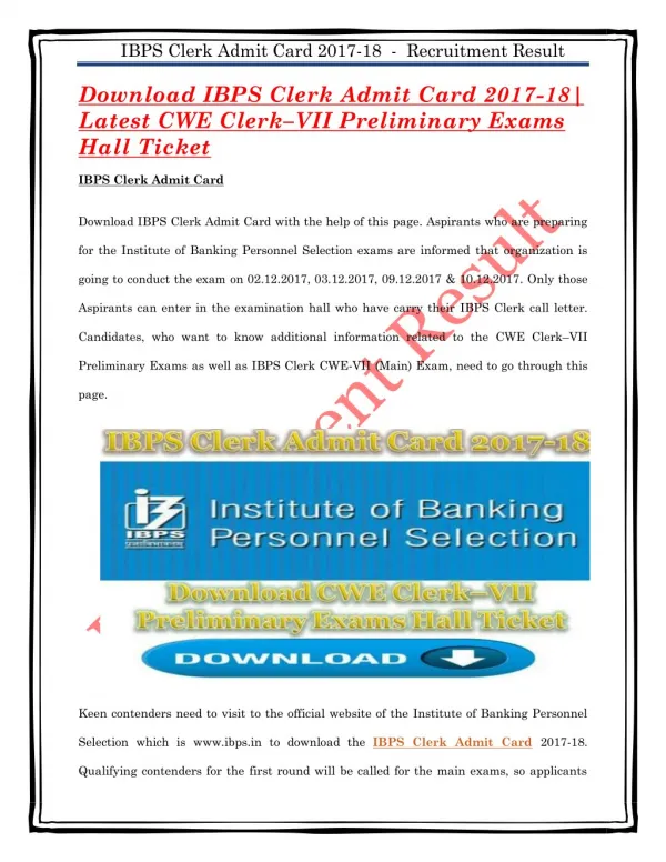 Download IBPS Clerk Admit Card 2017-18| Latest CWE Clerk–VII Preliminary Exams Hall Ticket