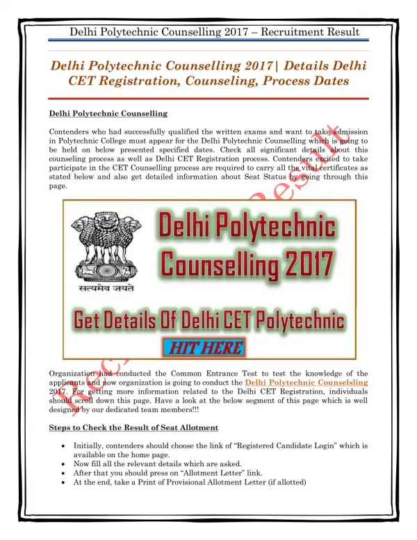Delhi Polytechnic Counselling 2017| Details Delhi CET Registration, Counseling, Process Dates