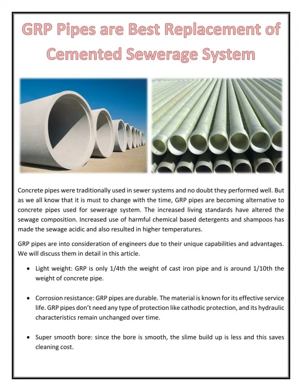 GRP Pipes are Best Replacement of Cemented Sewerage System