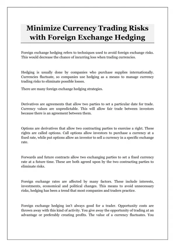 Minimize Currency Trading Risks with Foreign Exchange Hedging