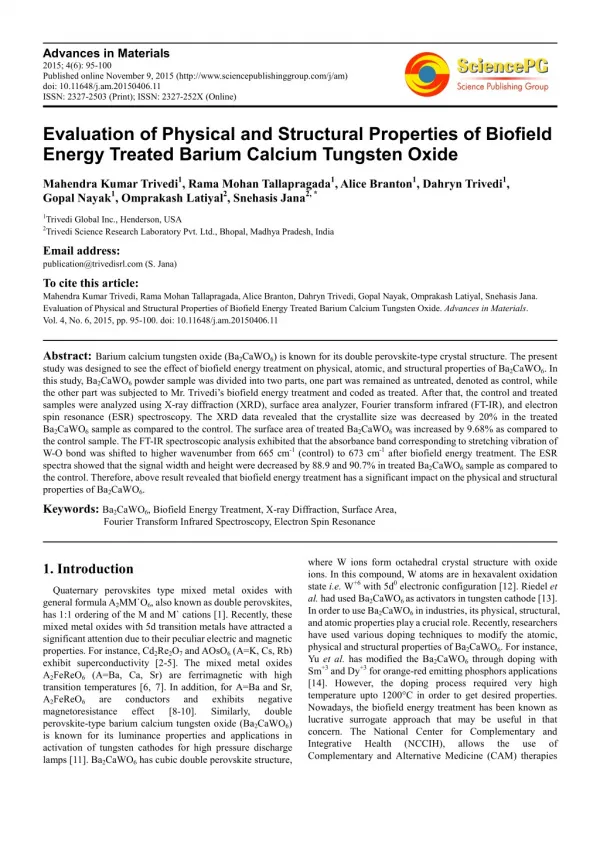 Evaluation of Physical and Structural Properties of Biofield Energy Treated Barium Calcium Tungsten Oxide