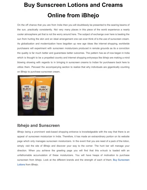 Buy Sunscreen Lotions and Creams Online from iBhejo