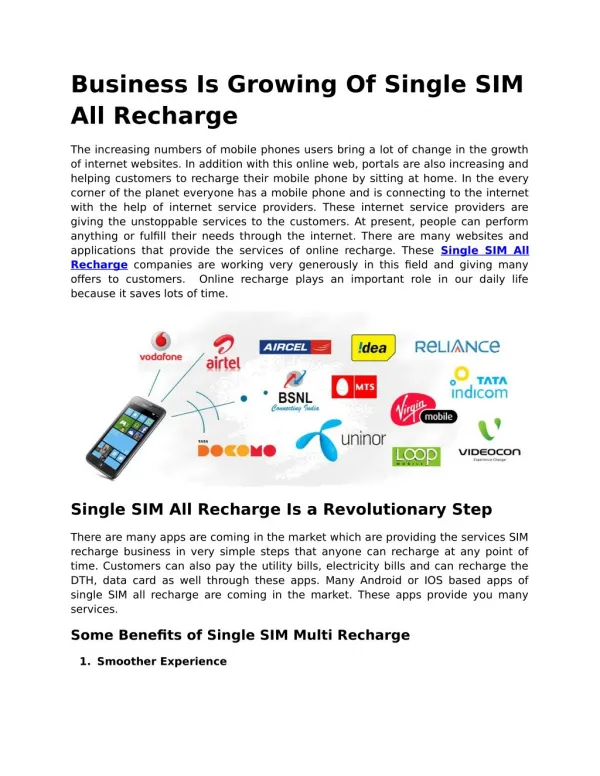 Business growing single sim recharge