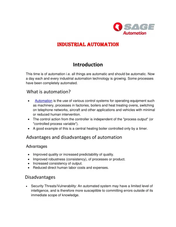 PDF on Advantage and Disadvantage of Automation | Sage Automation India