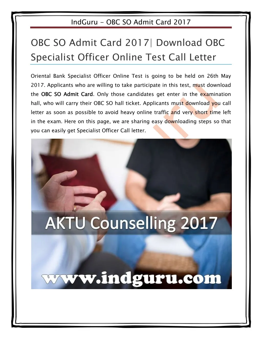 indguru obc so admit card 2017