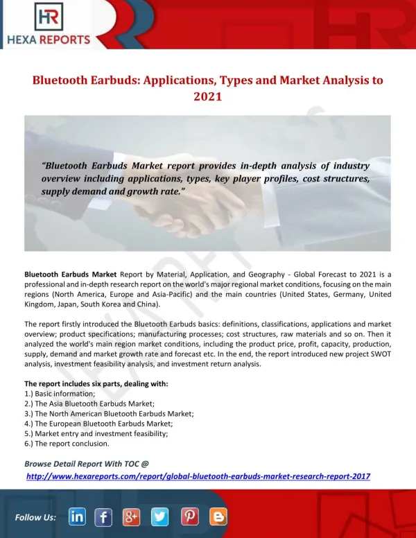 Bluetooth Earbuds: Applications, Types and Market Analysis to 2021