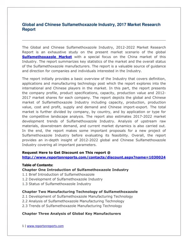 Global Sulfamethoxazole Industry Forecast Study 2012-2022