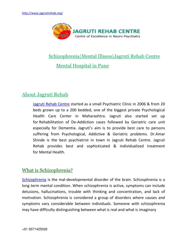 Schizophrenia mental illness|Jagruti Rehab|Mental hospital in Pune