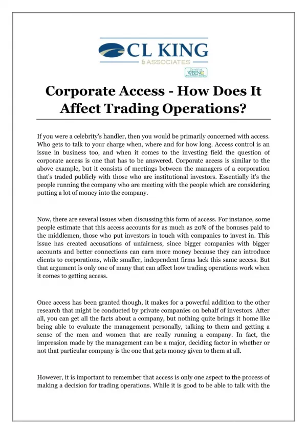 Corporate Access - How Does It Affect Trading Operations?