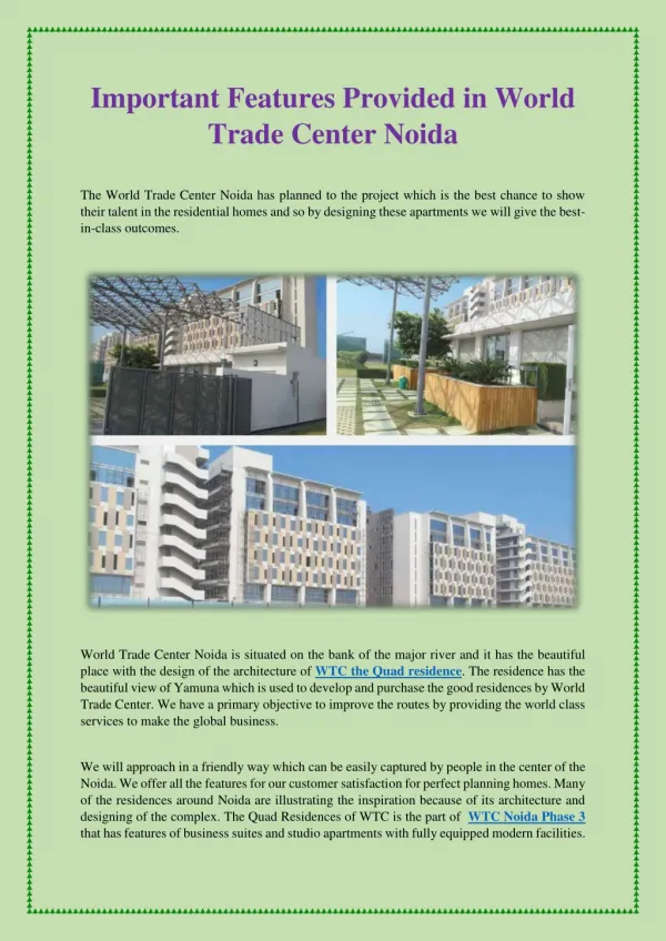 Important Features Provided in World Trade Center Noida